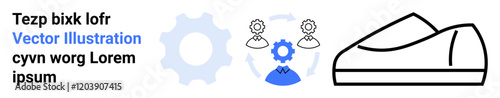 Gear symbol, connected people icons with small gear, black shoe sketch, and placeholder text. Ideal for teamwork, mechanics, technology, collaboration, footwear, product design, project management