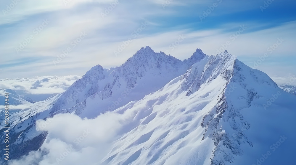 Fototapeta premium Snowy mountain peaks above cloudscape, aerial view, winter landscape, travel poster