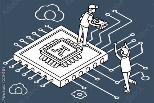 AI chip, microprocessor, tiny people, digital innovation, technological advancement, blue background, minimalist design, cartoon style, circuit patterns, cloud computing, data processing, futuristi