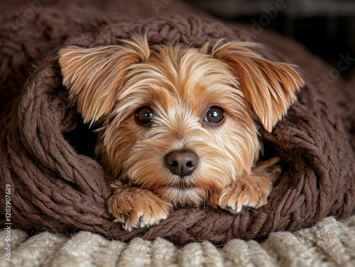 Portrait of a little dog, dressed in a coat photo