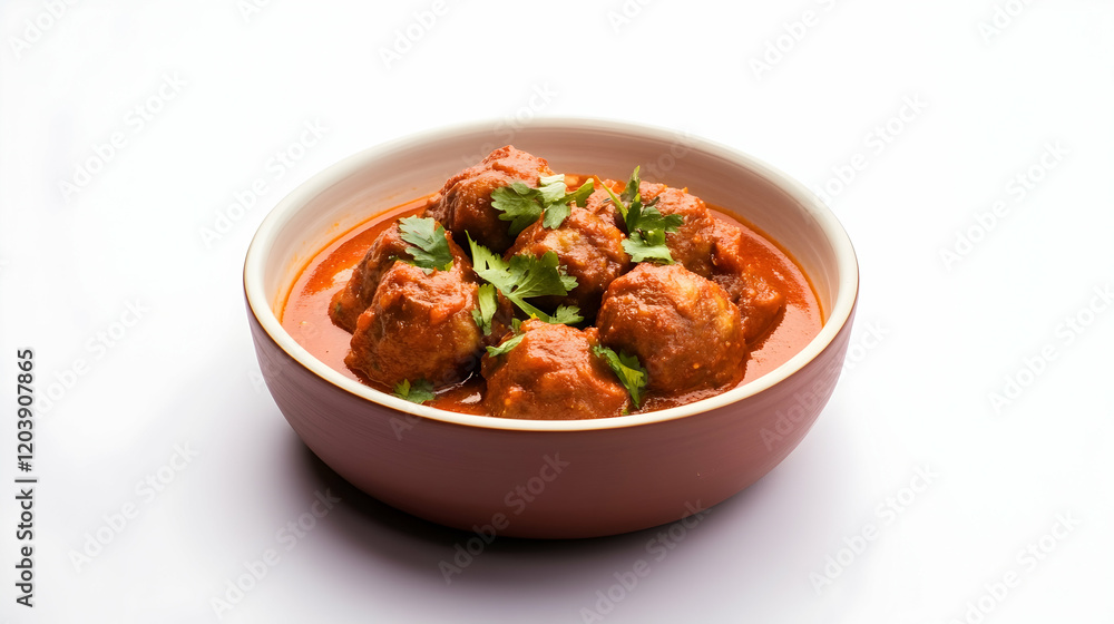 Spicy meatballs in tomato sauce, served in a bowl, on a white background; perfect for food blogs or recipe websites Spicy meatballs in tomato sauce, served in a bowl, on a white background; perfect for food blogs or recipe websites