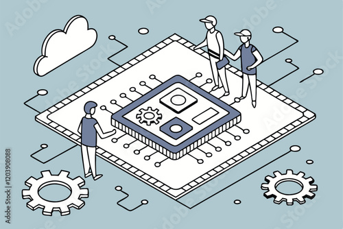AI chip, microprocessor, tiny people, digital innovation, technological advancement, blue background, minimalist design, cartoon style, circuit patterns, cloud computing, data processing, futuristi