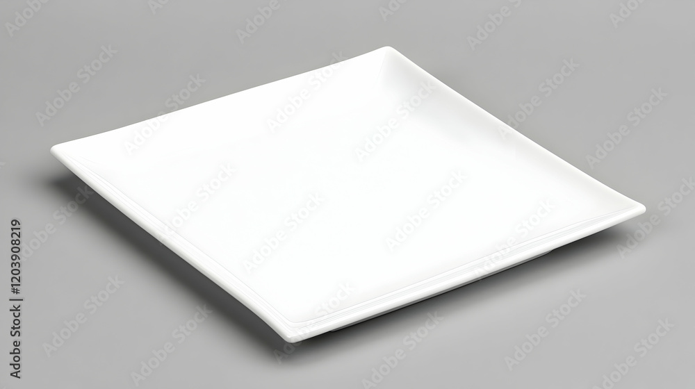 Square white plate on gray background, perfect for food presentation, restaurant or home use Square white plate on gray background, perfect for food presentation, restaurant or home use