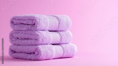 Three Rolled Purple Towels Stacked on Pink