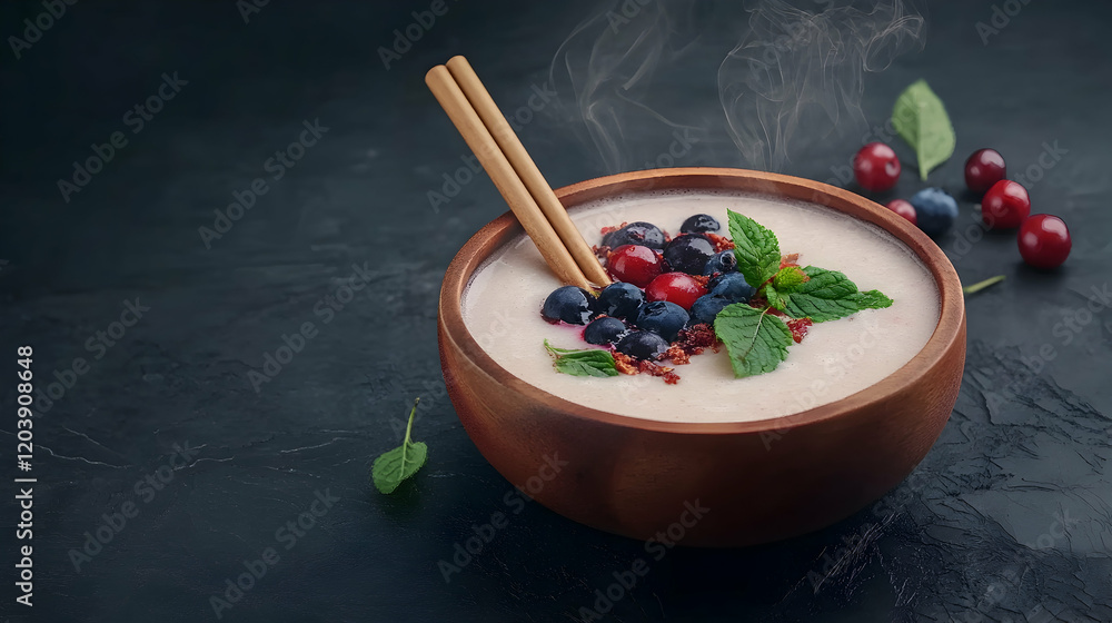 Steaming berry yogurt bowl, dark background, healthy breakfast Steaming berry yogurt bowl, dark background, healthy breakfast