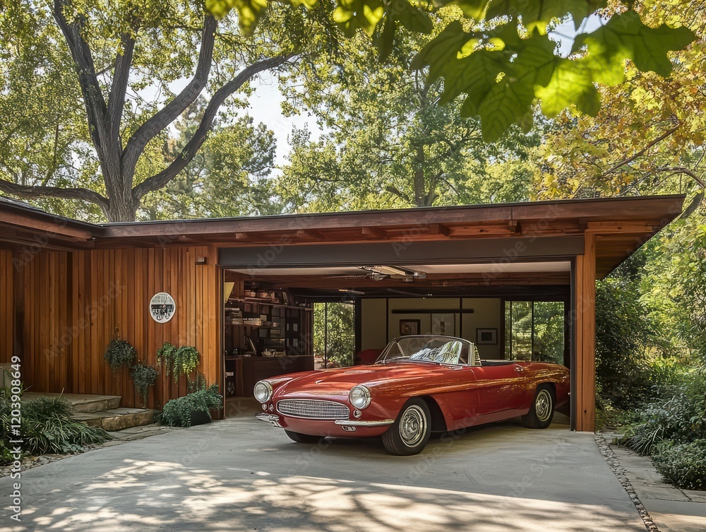 Fototapeta premium Mid-Century Modern Garage: A classic red convertible car sits proudly in a modern, open garage space, blending sleek design with natural surroundings. The wooden accents, leafy foliage.
