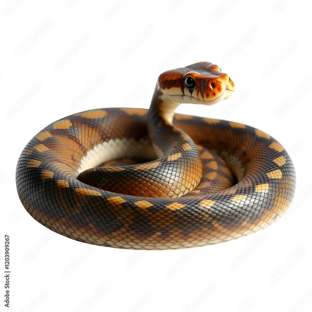 Obraz premium Coiled Python: An eye-level, close-up shot of a mesmerizing python in a perfect coil, showcasing its intricate scale pattern and captivating gaze.