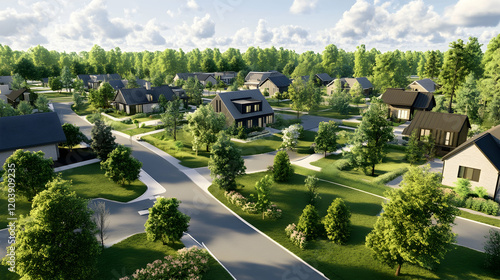 Suburban neighborhood aerial view modern homes  tree-lined streets  green landscape.  Ideal for real estate marketing