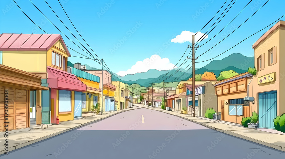 Sunny street scene, small town, mountain background, shops and houses, ideal for animation or game backgrounds Sunny street scene, small town, mountain background, shops and houses, ideal for animation or game backgrounds