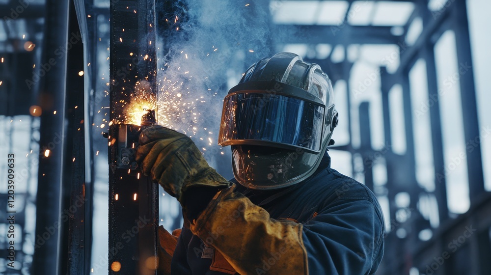 A welder in protective gear and helmet, holding a welding mask and standing in front of a metal joint with visible sparks and welds, Construction site scene A welder in protective gear and helmet, holding a welding mask and standing in front of a metal joint with visible sparks and welds, Construction site scene