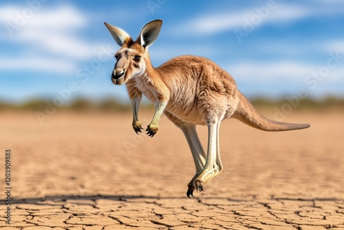 A kangaroo hops across a cracked, dry landscape under a blue sky, showcasing resilience in a harsh environment. photo