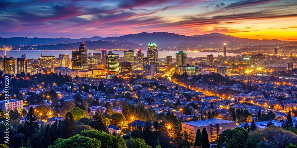 Fototapeta premium Oakland Skyline Night View with Berkeley Foreground - Dramatic Low Light Cityscape
