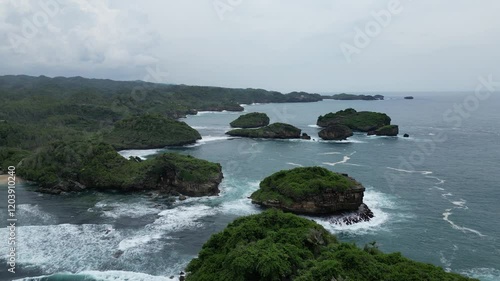 Beautiful aerial view sandy and rocky beach with 4k