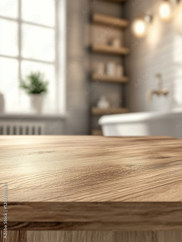 Wooden tabletop in a modern interior setting, showcasing a minimalist design and natural lighting Wooden tabletop in a modern interior setting, showcasing a minimalist design and natural lighting