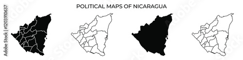 Detailed representation of Nicaragua in four variations of political maps highlighting regions and geographical features. Each version illustrates different aspects of boundaries and divisions.