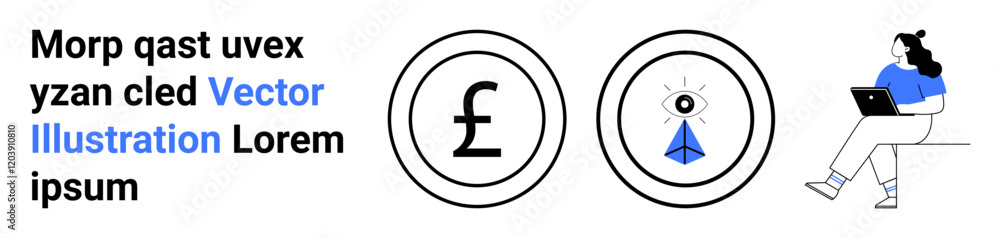 Two circular icons featuring currency and strategy, accompanied by a person working on a laptop. Ideal for business, finance, e-commerce, remote work, productivity, strategy, planning. Landing page Two circular icons featuring currency and strategy, accompanied by a person working on a laptop. Ideal for business, finance, e-commerce, remote work, productivity, strategy, planning. Landing page