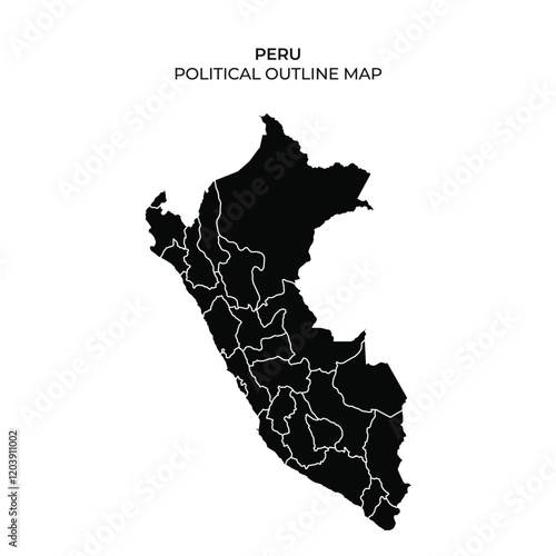 A black and white outline map displays the political boundaries of Peru, showcasing various regions and their divisions without additional labels or information.