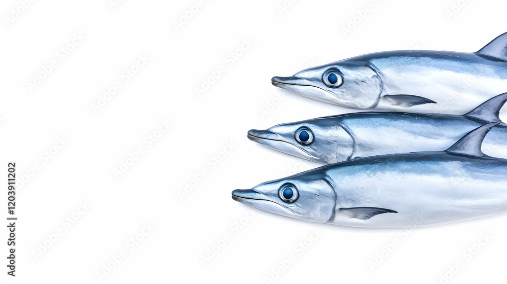 Three fresh fish arranged on white background; perfect for seafood recipes or food packaging Three fresh fish arranged on white background; perfect for seafood recipes or food packaging