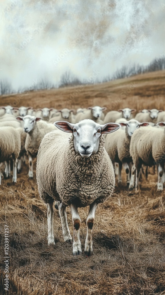 Obraz premium Flock of sheep grazing on a hillside in rural setting under overcast sky during midday