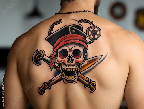 A man has a tattoo of a skull with a pirate hat and a sword on his back photo