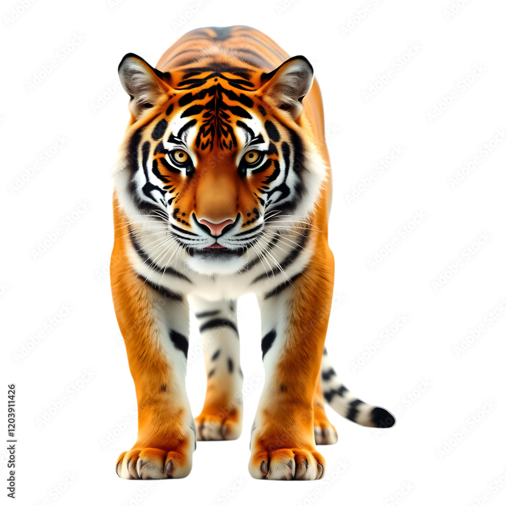 Fototapeta premium Majestic Tiger Portrait: A powerful and striking image of a Bengal tiger, facing the camera directly with intense gaze, showcasing its impressive stripes and muscular build.