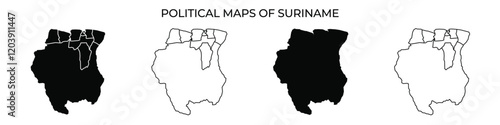 Various representations of political maps illustrate the regions of Suriname using contrasting black and white colors. Each map highlights distinct areas for geographical understanding.