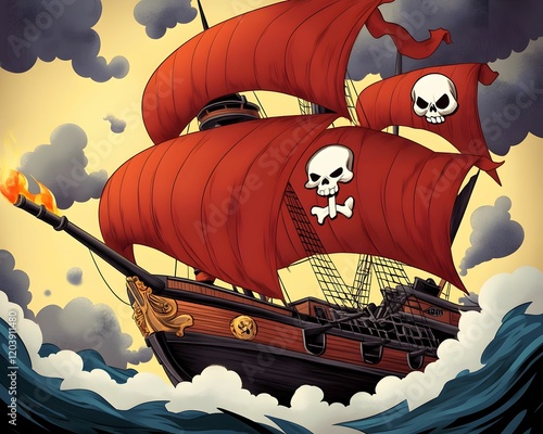 A pirate ship with skull flags flying on it sails through a stormy sea