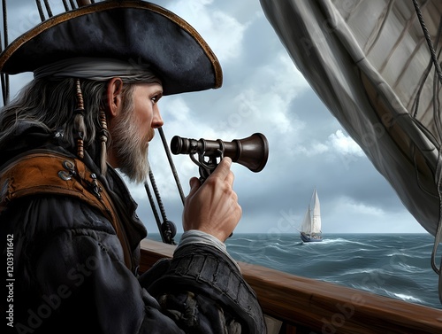 The scene is set on a stormy sea, with dark clouds looming overhead