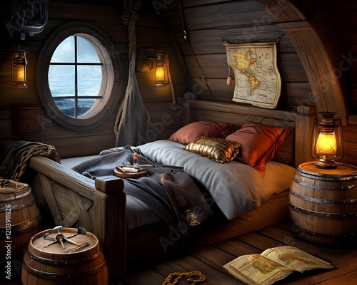 A bedroom with a wooden bed and a map on the wall