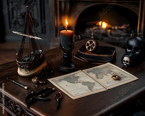 A table with a map, a candle, a skull, and a ship