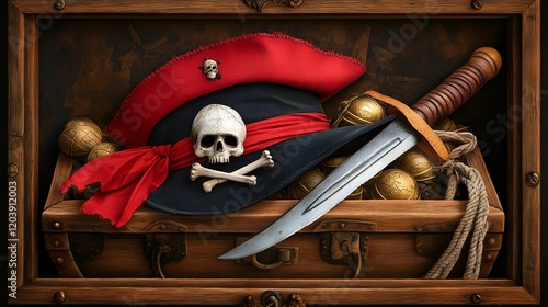 A pirate's treasure chest with a skull, a pirate hat, and a sword