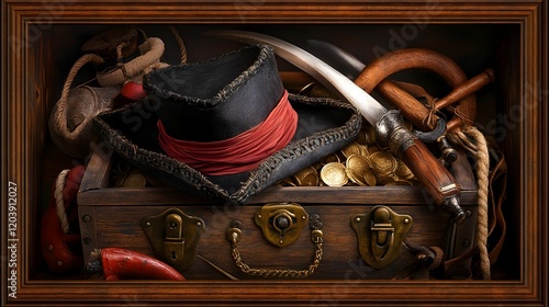 A wooden chest with a pirate hat and a sword inside