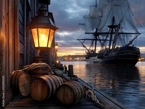 A large ship sails in the distance, with a small light on a dock