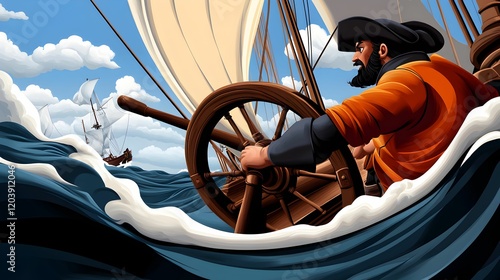 A man in an orange shirt is steering a ship in the ocean