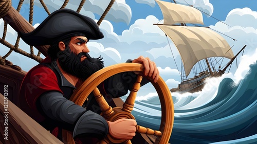 A man in a pirate costume is steering a ship through rough waters