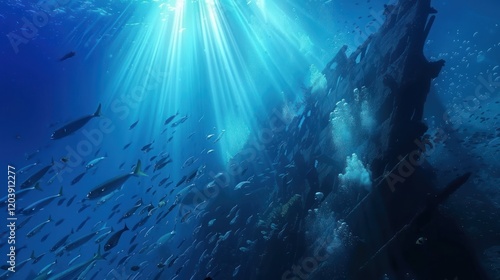 Sunbeams piercing underwater wreck, fish schooling. photo