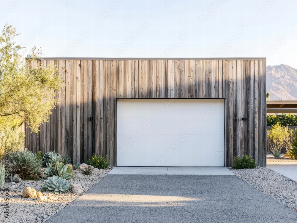 Modern Garage with Reclaimed Wood Siding: A sleek, modern garage door with white finish contrasts beautifully against a wall clad in reclaimed wood siding. Modern Garage with Reclaimed Wood Siding: A sleek, modern garage door with white finish contrasts beautifully against a wall clad in reclaimed wood siding.