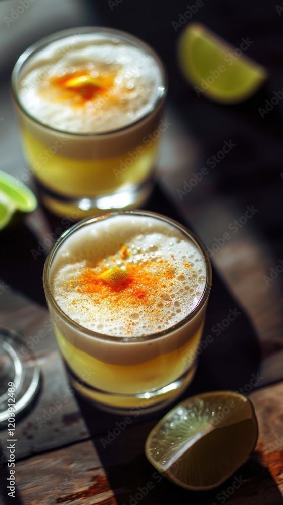 Refreshing citrus drinks served with lime on a rustic wooden table at sunset, perfect for summer gatherings with friends Refreshing citrus drinks served with lime on a rustic wooden table at sunset, perfect for summer gatherings with friends