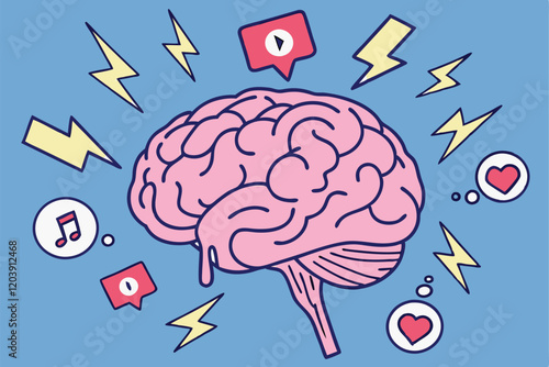 Brain illustration, social media icons, cursor arrows, emoji reactions, digital communication concept, pink brain, blue background, melting effect, lightning bolts, flat design, vecto