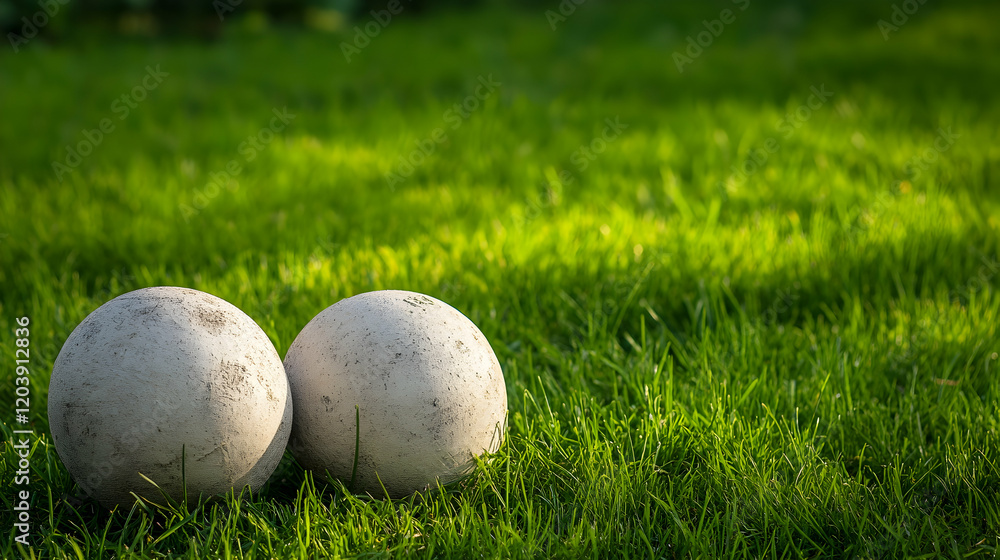 Two stone spheres rest on lush green grass in a garden; perfect for game or decorative design Two stone spheres rest on lush green grass in a garden; perfect for game or decorative design