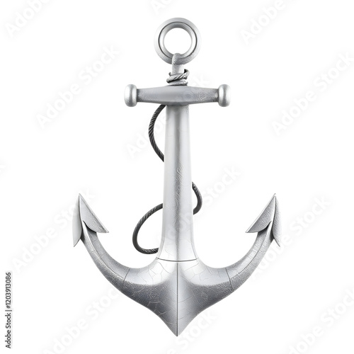Nautical Anchor: A detailed, three-dimensional rendering of a classic ship's anchor, showcasing its robust design and metallic texture.  The anchor is depicted with a rope.