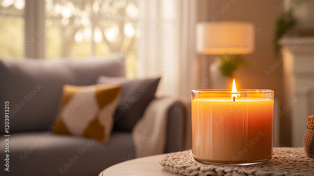 warm and inviting image of a scented candle with an open flame, set against a blurred background of a cozy home environment, with natural light streaming in warm and inviting image of a scented candle with an open flame, set against a blurred background of a cozy home environment, with natural light streaming in
