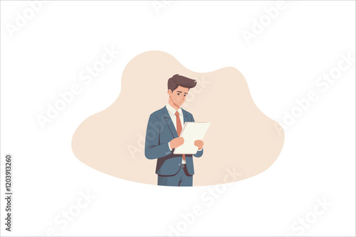 Illustration businessman looking through paper documents, satisfied with research results. Smiling male accounting manager reviewing financial report. Vector illustration.