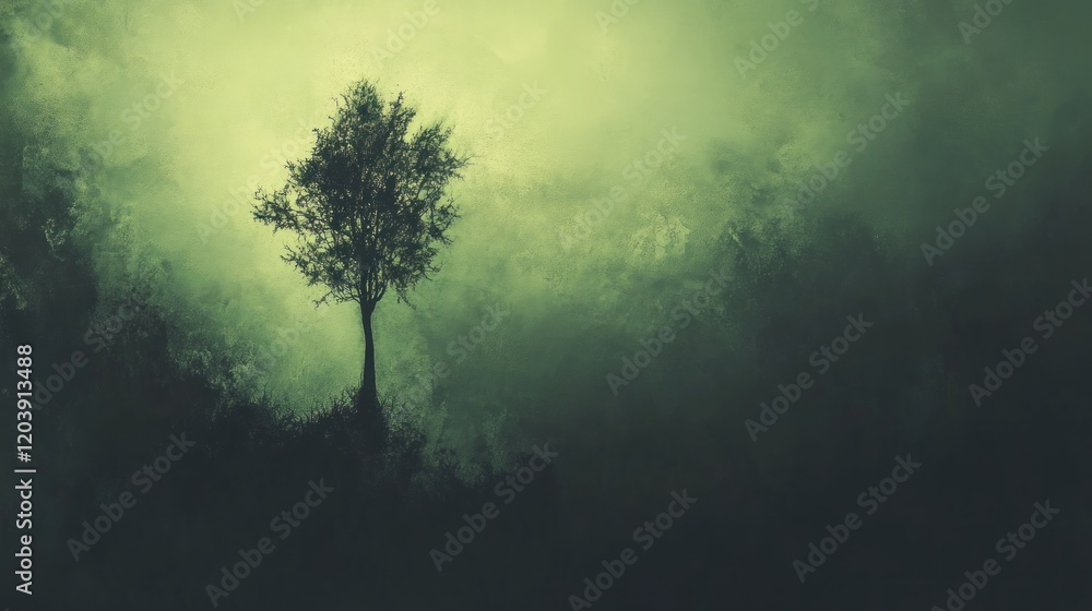 Fototapeta premium Isolated tree in a misty, dark forest.