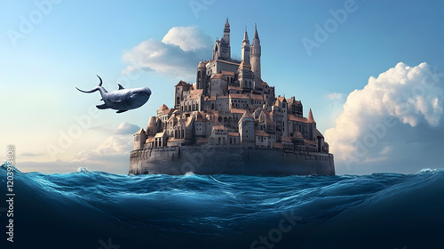 Whale soaring over majestic coastal castle; fantasy island, sea, clouds; ideal for fairytale, fantasy, children's book illustration