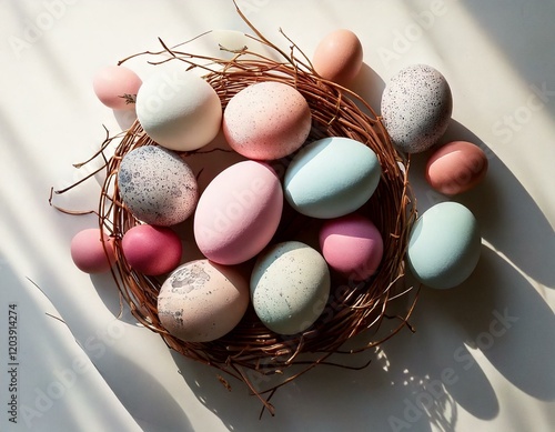 display of pretty pastel colour eggs in shell uncooked  photo