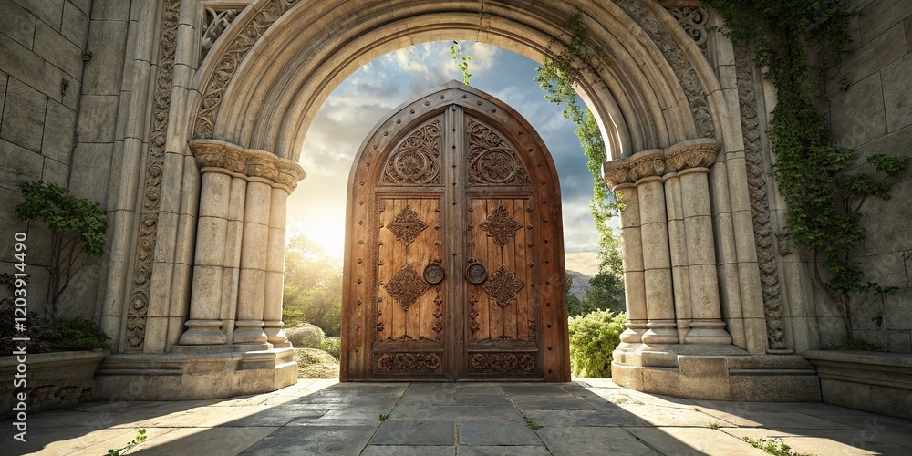 Obraz premium Ornate Stone Archway Entrance with Intricate Wooden Door - Stock Photo