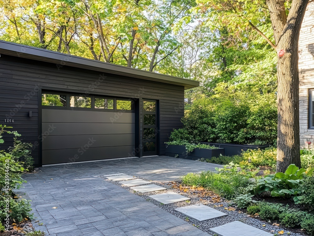 Fototapeta premium Modern Garage with Stone Path: A contemporary, minimalist garage featuring a sleek black exterior with a large windowed garage door, set against a backdrop of lush greenery and a stone pathway.