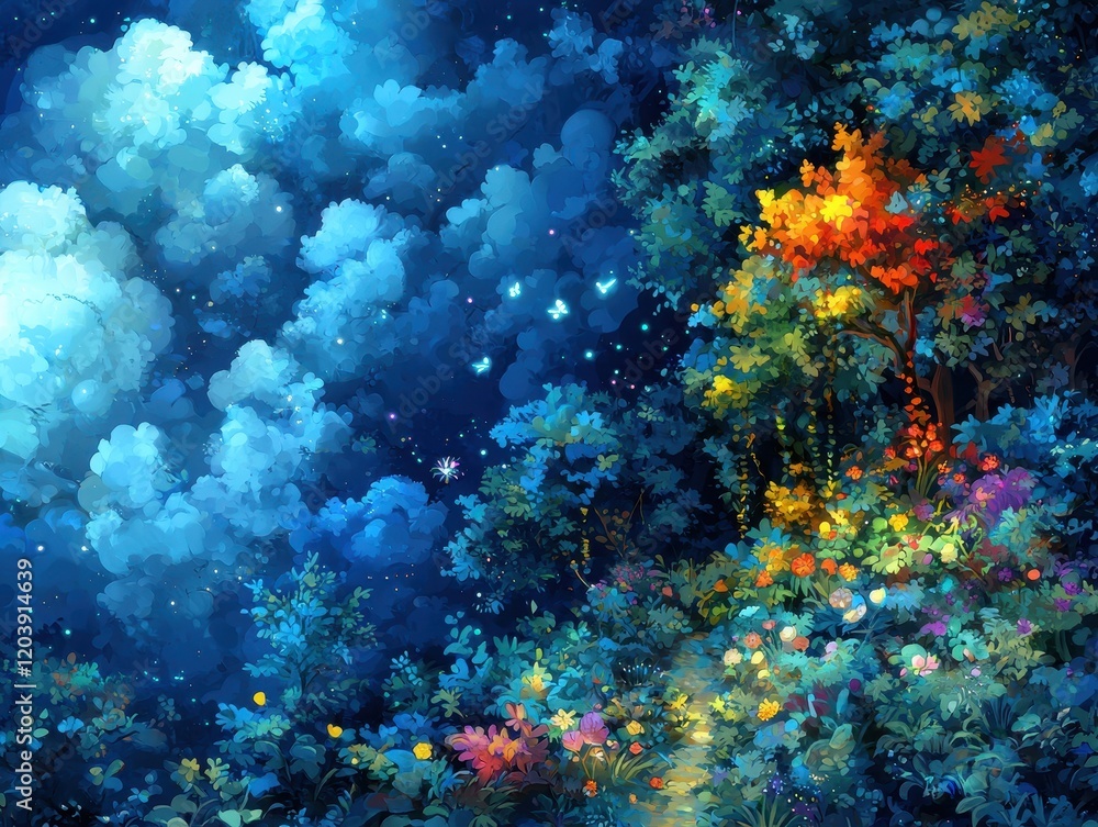 Fototapeta premium A futuristic botanical garden floating above a sea of glowing clouds. Radiant plants and glowing vines grow along golden pathways, while bioluminescent flowers emit soothing hues of teal and 
