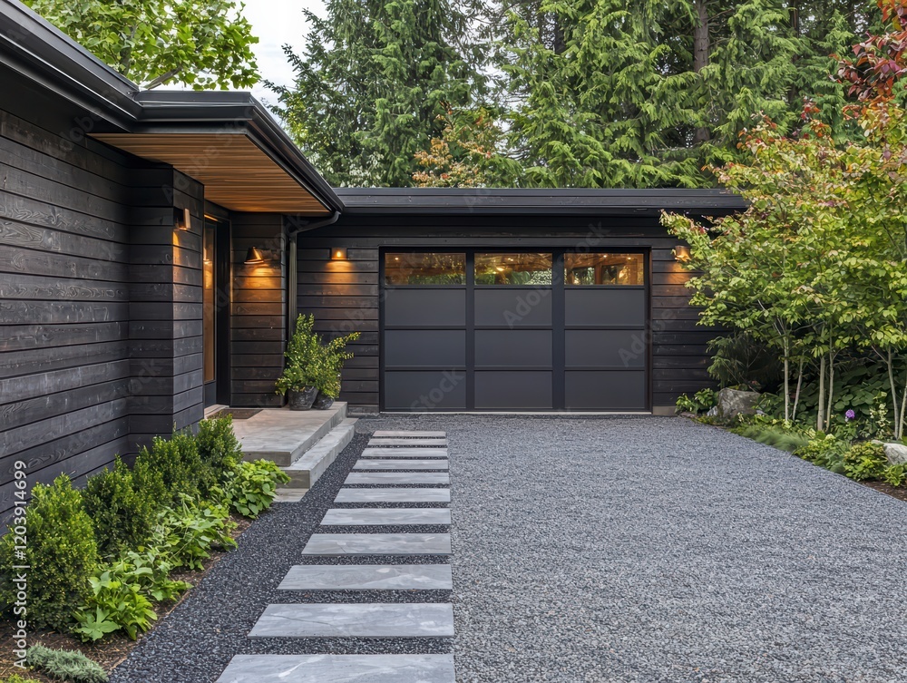 Modern Minimalist Home Exterior: A contemporary home with a sleek, black wood facade, stone pathway and a stylish black garage door, showcasing a modern minimalist design aesthetic. Modern Minimalist Home Exterior: A contemporary home with a sleek, black wood facade, stone pathway and a stylish black garage door, showcasing a modern minimalist design aesthetic.